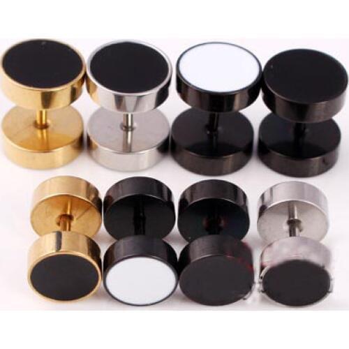 Barbell Stud Earrings Ear Ring Fake Ear Plug Ball 8mm Black White Medical Titanium Round Mens Punk Jewelry Rock Gothic Piercing