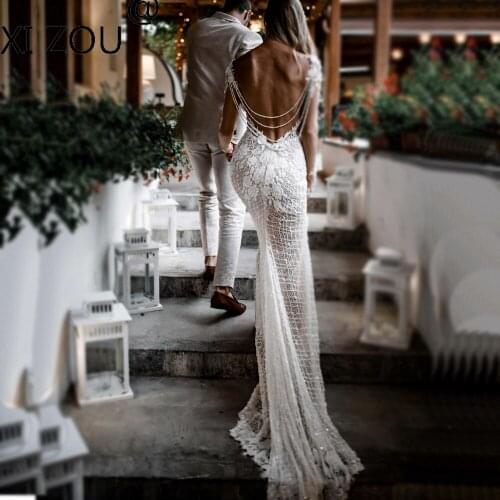 Xizou Illusion Neck Luxury Beading Lace Boho Wedding Dress Long Sleeves Open Back Mermaid Bridal Gown