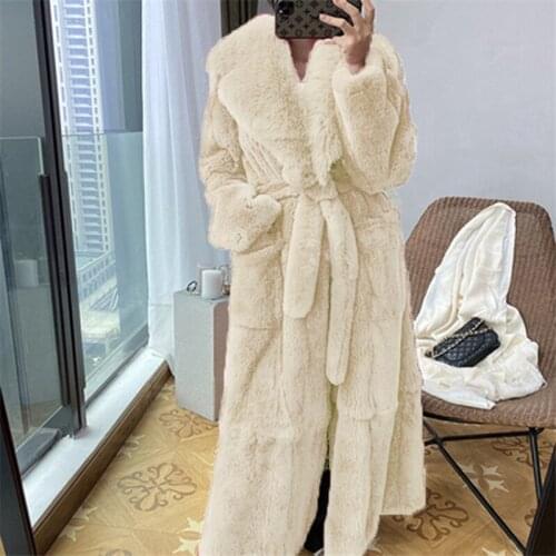 Mid-Length Large Size Imitation Fur Jacket Womens 2020 Winter Fashion New Style Loose Belt Long Sleeve Thick Warm Coat Trendy