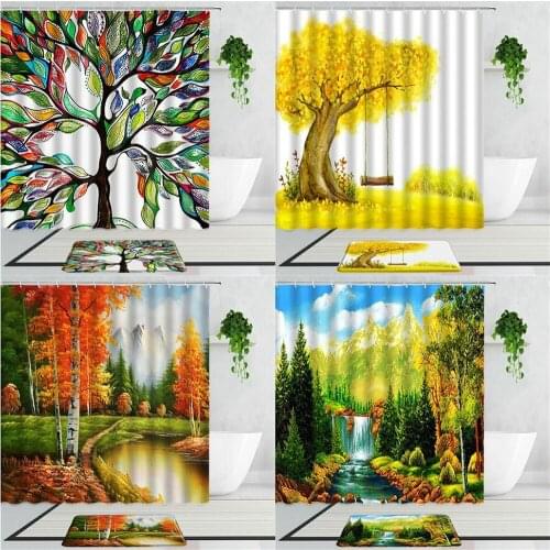 Oil Painting Art Landscape Shower Curtains Creative Tree Forest Waterfall Bathroom Decor Curtain Set Non-Slip Bath Mats Carpet