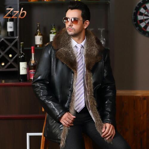 Male Leather fur outerwear European Style Clothing sheepskin Winter Mens fur collar fleece lined Faux Leather jacket Warm Coat