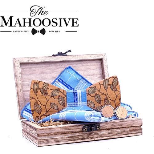 Mahoosive Wood Bow Tie Gentle men Wooden Bow Ties Set Gravatas Corbatas Butterfly Cravat For Men Wood Ties handkerchief cufflink