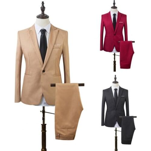 Men Suit Set Lapel Formal Stylish One Button Pockets Blazer for Wedding
