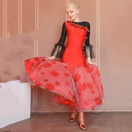 New Red Sexy Ballroom Dance Competition Dress Standard Dresses Women Modern Dance Costume Big Swing Waltz Dancing Dress
