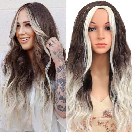 Long Wave Highlight Wigs Synthetic Middle Part Brown Mix Blonde Wig for Women 26 Inch Natural Heat Resistant Hair for Daily Use