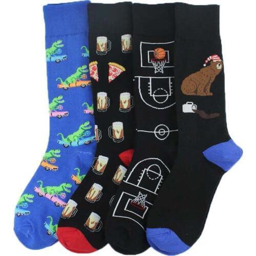 PEONFLY 1 Pair Combed Cotton Mens Socks Funny Cartoon Dinosaur Bear Colorful Happy Socks Harajuku Beer Casual Calcetines Hombre