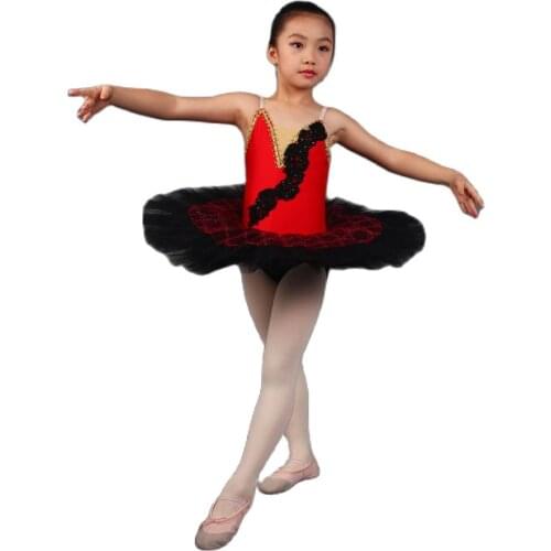 Red Spandex Bodice with Black Pleated Tulle Pancake Tutu Skirt Girls Pre-Professional Ballet Dance Tutus Show Costumes PLL002
