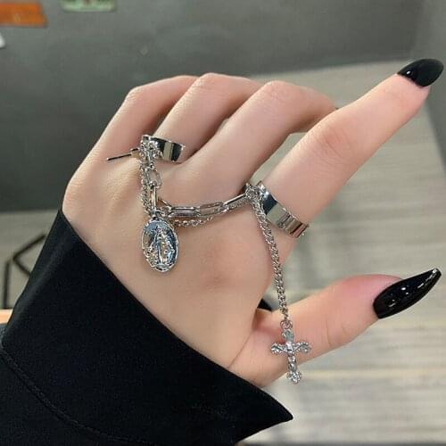 Marioho Hip Hop Rock Cross Virgin Mary Charms Double Chain Rings AdjustRings For Men Women Religious Tassel Pendant Unisex Rings