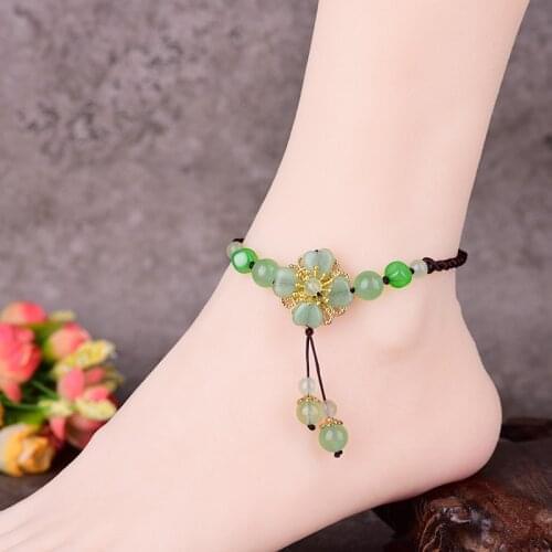 Ancient Retro Elegant Coloured Glaze Crystal Anklet Temperamental Classical Hand-knitted Vitality Girl Summer Beach Jewelry