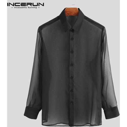 INCERUN Stylish Mesh Shirt Men Lapel See Through Sexy Button 2021 Camisa Long Sleeve Transparent Party Nightclub Men Shirt S-3XL