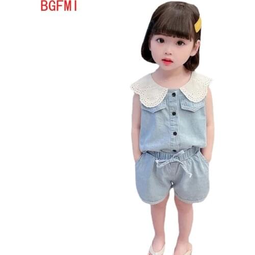 Girls Thin Denim Suit Lace Collar Single-breasted Cardigan Sleeveless Shirt + Shorts Summer 2021 New Baby Girl Summer 2pcs Set