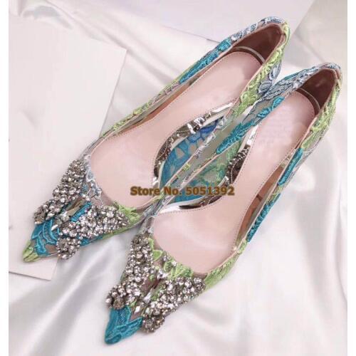 High Heel Women Pointed Toe lace embroidery butterfly rhinestone stiletto shoes Shinning Mesh Wedding Bowtie Pumps Diamond Bling