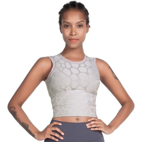 Fitness Crop Top Push Up Padded Nylon Giraffe Jacquard Naked-Feel Stretch Yoga Running Gym Outdoor Workout Sleeveless Shirts