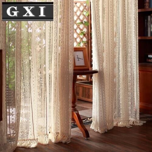 GXI Retro Crochet Curtain Ready Made Window Drapes For Living Room Bedroom Balcony Voile Kichen cortinas para dormitorio