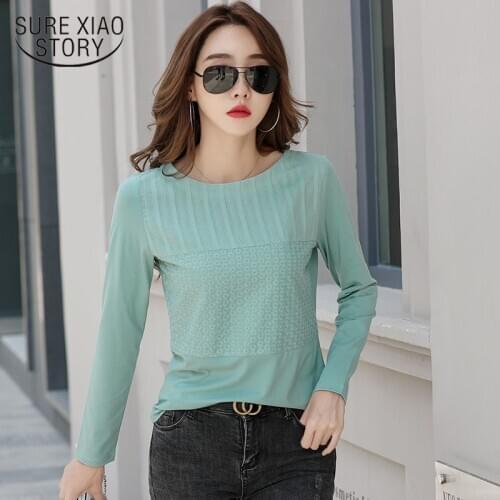 2021 Autumn Cotton Tshirt Women Embroidered Stitching Long Sleeve Shirt Women Slim Patchwork Office Lady Korean Clothes 10852