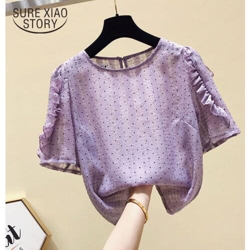 Summer Sweet Polka Dot Chiffon Shirt Women Korean Short Sleeve Top Female Fashion O Neck White Blouses Women Casual Blusas 15225