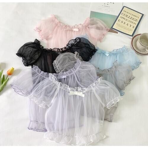 Super fairy Japanese soft Ruffle top Lolita lined cute sweet lace puff sleeves women Harajuku shirt sleeve chiffon shirt