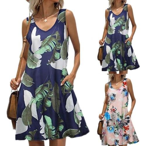 Bohemian Dress Vintage Sexy Casual Sundress Leaf Print V Neck Sleeveless Pocket Women Dress for Beach Summer 2021