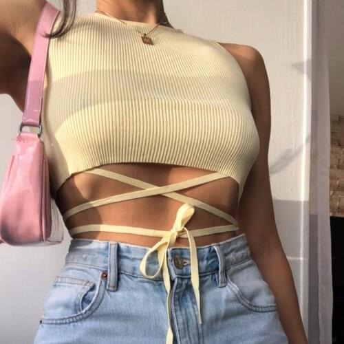 JUNWU Summer Womens Yellow Round Neck Sleeveless Waist Tie Vest Elastic Fabric Striped Design Sexy Holiday Style