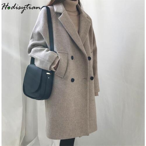 Hodisytian Winter Fashion Women Wool Blends Loose Double Breasted Coat Casual Elegant Cotton Solid Thick Femme Cashmere Overcoat
