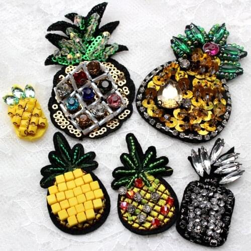 6Pcs/lot 3D pineapple beaded cloth stickers clothing accessories handmade rhinestone beaded bag shoes patches A085
