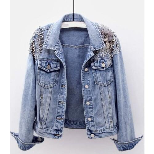 Beade Denim Jackets V-neck Turn-down Collar Long-sleeved Pocket Female Loose Slim Jackets Outwear Coat Tops