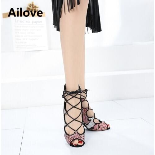 Ailove Ballroom Dance Boots PU Leather Latin Salsa Tango Professional Open-Toe Dancer`s Shoes Lace-up Danc Sandals S066