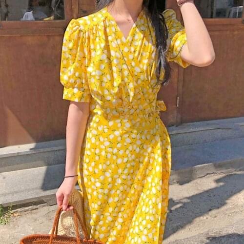 Floral V-neck Cross-tie One-piece Dress