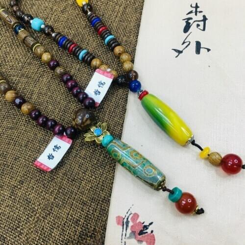 Zheru Natural Agate Multicolor Dzi Bead Pendant with Bead Necklace Exquisite Men and Women Sweater Chain