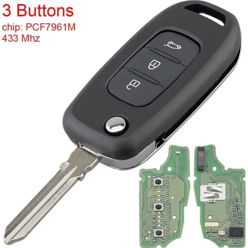 433MHz 3 Button Car Remote Key with PCF7961M 4A Chip and Blade Auto Car Key Replacement Fit for Renault Kadjar Cars Vehicle