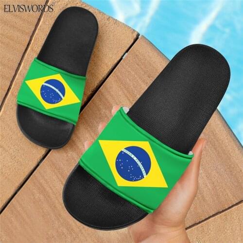 ELVISWORDS Brazil Flag Print Black Sole Rubber Slides for Women Men High Quality Home Slippers 2021 New Fashion Summer Sandals
