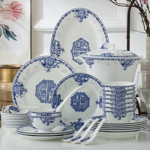 56 Heads Jingdezhen Ceramic Dinner Dish Rice Bowl Soup Bowl Salad Noodles Bowl Dinnerware Sets Kitchen Tableware Chinese style