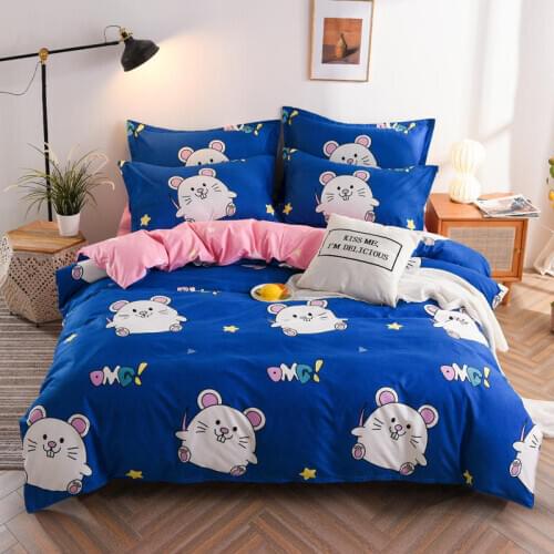Blue cute cartoon animal 4pcs bedspread set, 2m bed sheet and pillowcase, luxury home bed cover set, king-size double bed
