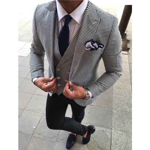 Men Suits 3 Pieces Slim Fit Business Jacket Groom Houndstooth Wool Tuxedos for Formal Wedding Party (Blazer+Pants+Vest)