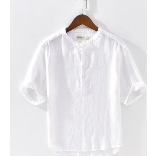 Mens Pullover Solid 100% Linen Half Sleeve Shirts Mens Casual Summer Breathable Pure Flax Dress Shirt Male Camisas Tops TS-603