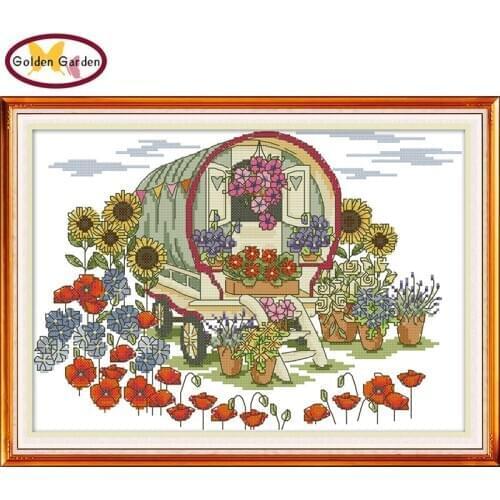 GG Flower Car Joy Sunday Cross Stitch Embroidery Needlework Set 11CT 14CT Chinese Stamped Cross Stitch Kits for Home Decor