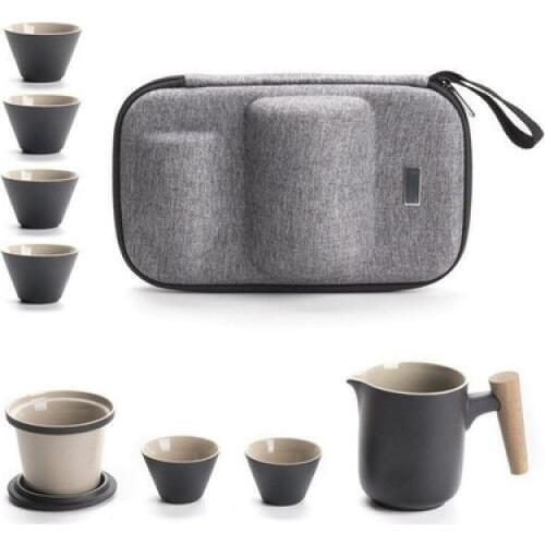 Ceramic Cup Set One Pot Two/Six Cups Kung Fu Tea Set Teapot Portable Outdoor Storage Travel Teaset Gift Safe Packaging With Wooden Handle 300ml
