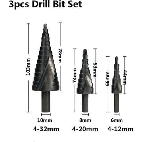 HSS Step Drill Bit Set 4-12/20-32mm Nirtird Coated Spiral Groove Wood Metal Hole Cutter Step Cone Drill Bit