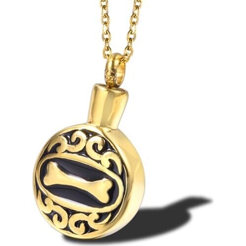 RIR Gold Dog Bone Memorial Round Cremation Ashes Keepsake Urn Pendant Necklace Pet Funeral Jewelry In Stainless Steel