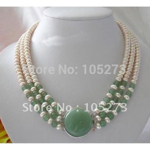 Stunning 3Rows AA7-8MM Round White Freshwater Pearl Necklace Pearl Jewelry Nice For Gift New Free Shipping