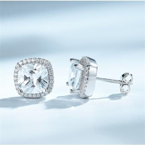 925 Sterling Silver Earring Classic Cushion Clear Zircon Vintage Stud Earrings For Women Girls Accessories Fine Jewelry