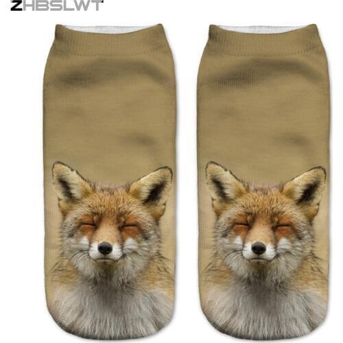 ZHBSLWT Multiple Colors 3D Printed Smiling Fox Womens Socks calcetines Casual Charactor Socks Unisex Low Cut Ankle Socks
