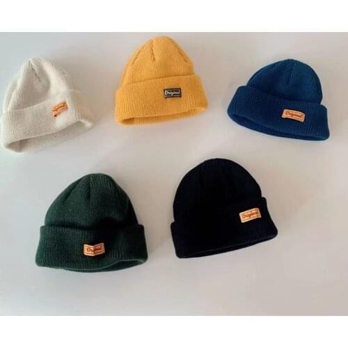 1pcs 2021 autumn new Korean Pure color letter small standard children knitted hat double-layer curled baby melon head hat