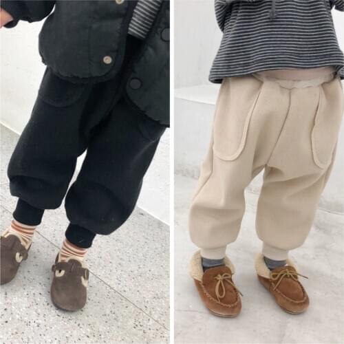 Beige Trousers Children Baby Boys Girls Pants Spring Warm Toddler Thicken Plus Velvet Kids Pocket Corduroy Khaki High Quality