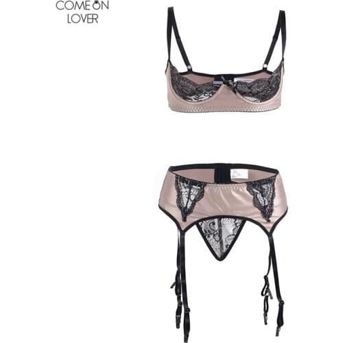 Comeonlover Plus Size Faux Leather Open Cup Bra Set Open Crotch Lingerie Underwear with Garter Belt RT80313 Lace Lingerie Set