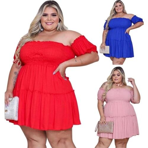 Cutubly Plus Size L-4XL Slash Neck Above Knee Dress Pleated Short Sleeve Mini Dress Solid Patchwork New Style Dresses
