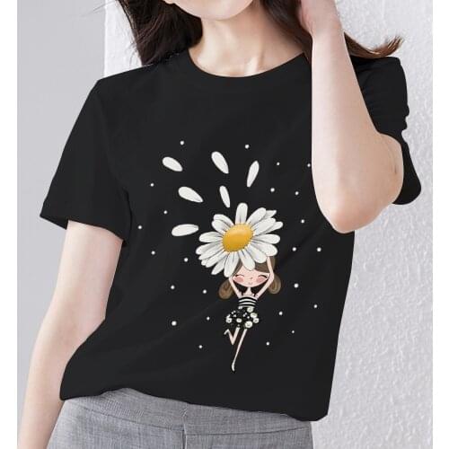 Womens T-shirt Casual Slim Round Neck Classic Daisy Fairy Pattern Series Printed Basic Breathable Comfortable Womens Black Top