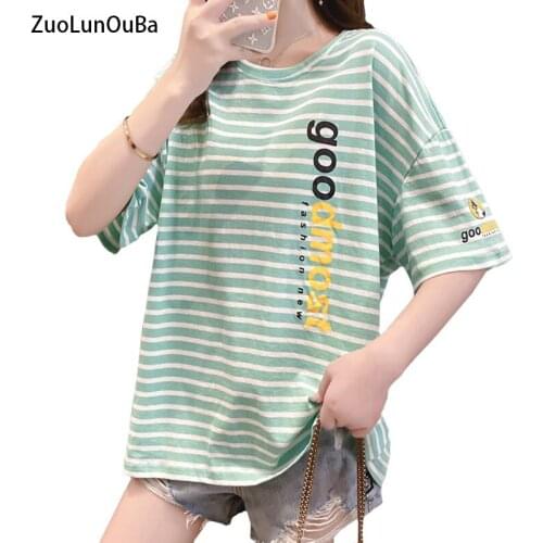 ZuoLunOuBa Summer Fashion O-Neck Women T Shirt Print Casual Stripetees Letter Female Tees Korean Loose Fashion Tops