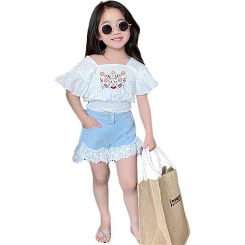 OPPERIAYA Summer Baby Girls Clothes Cotton Casual Set Floral Embroidery Flying Sleeve Square Collar Tops Lace-joint Short Jeans