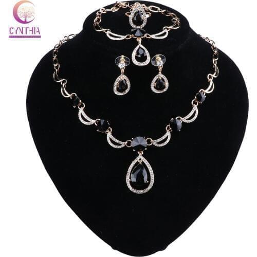 Fashion Women Trendy Water Drop Black Crystal Pendants Necklace Earrings Ring Set Bridal Jewelry Set Wholesale